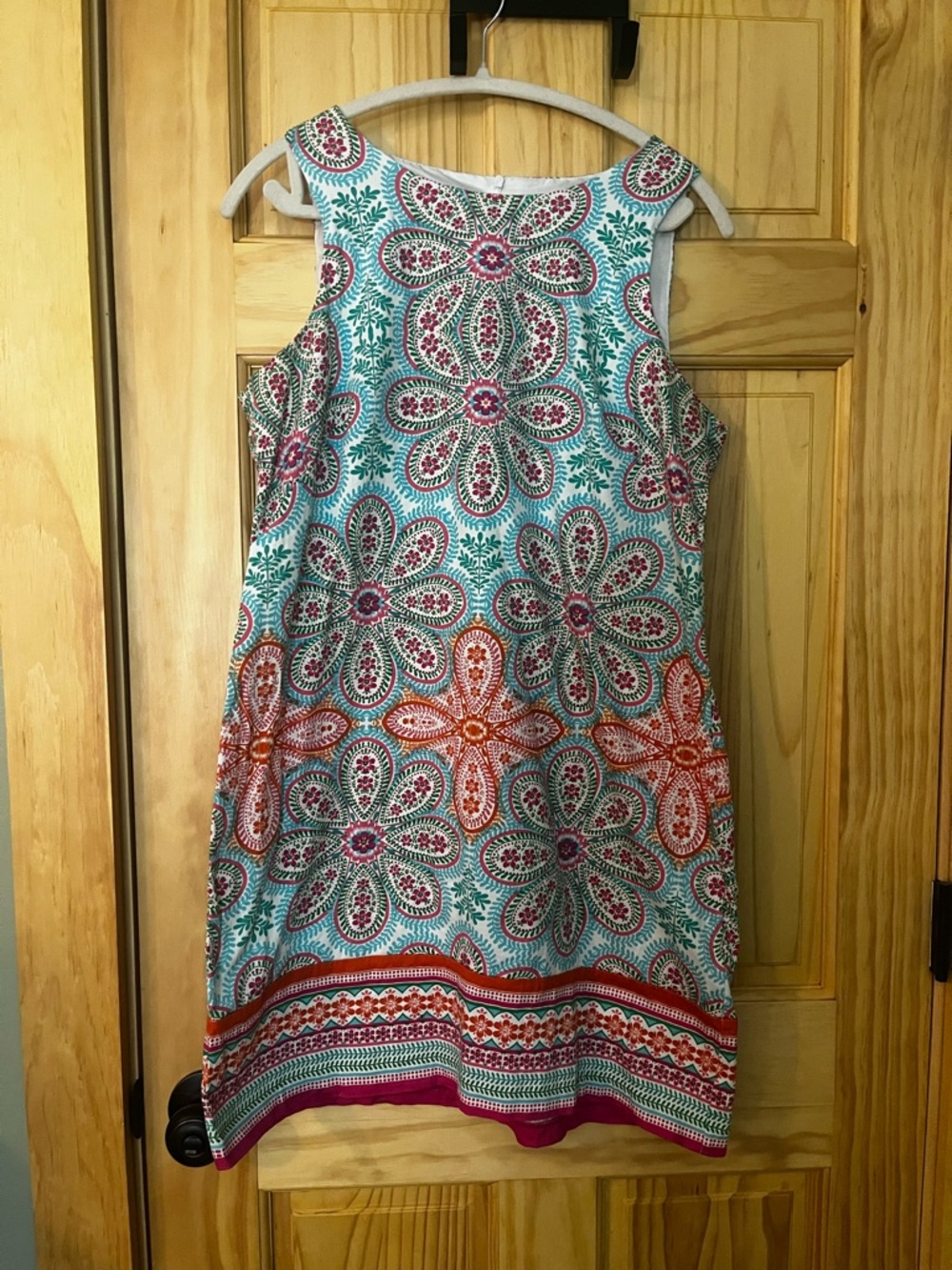 London Times sz 12 printed Sleeveless Shift Dress in Teal and Orange